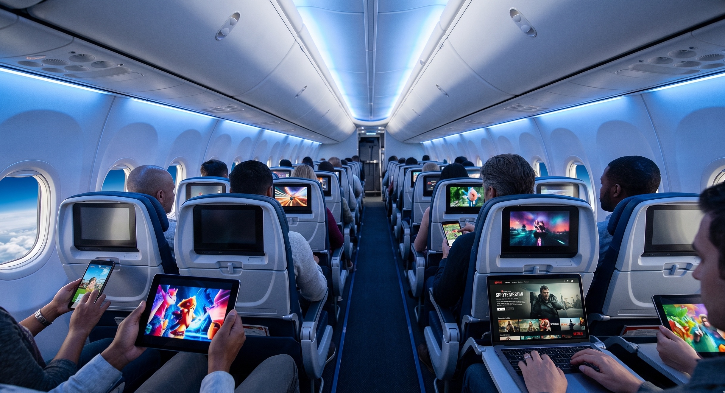 Cabina de avión American Airlines con pantallas mostrando streaming activo gracias a Starlink WiFi alta velocidad