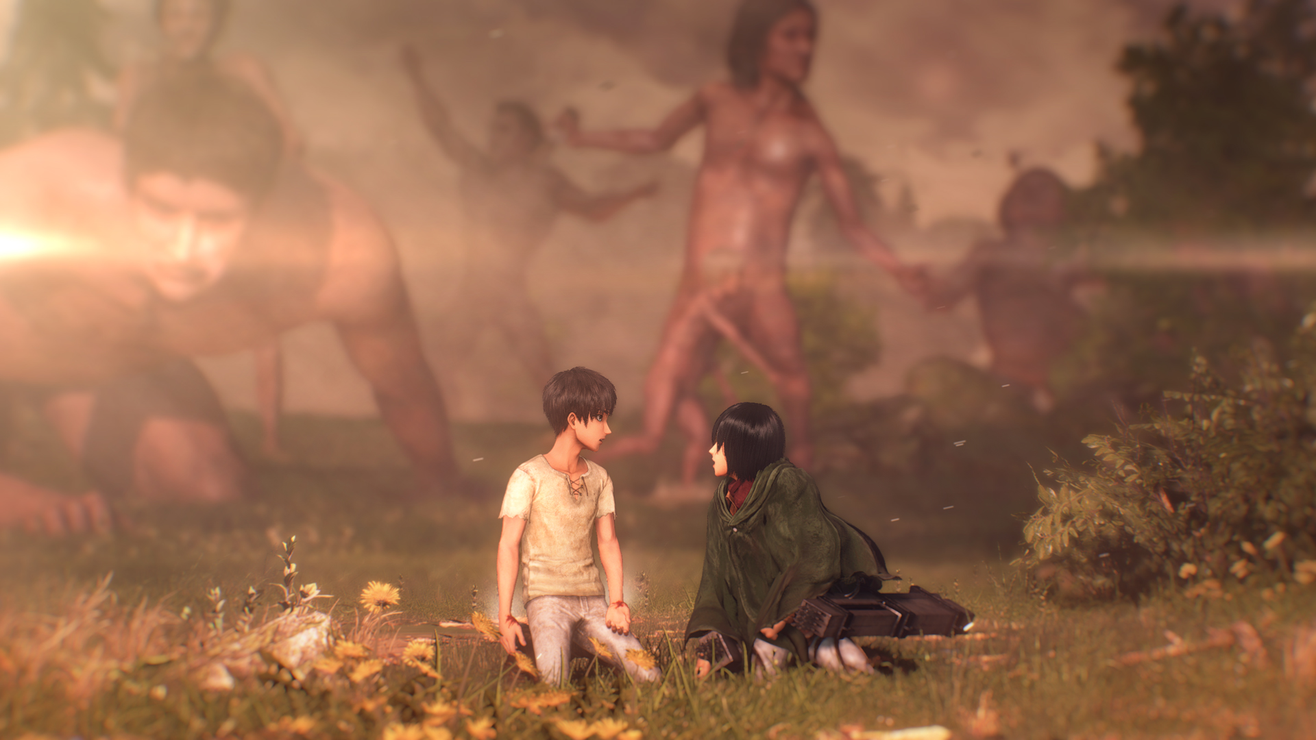 Arte oficial de Attack on Titan 3 de Omega Force con el Titán Colosal al fondo