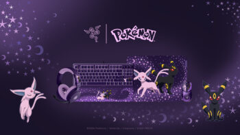Colección Razer Pokémon Espeon y Umbreon: teclado, mouse, headset y mousepad edición especial sobre fondo cósmico