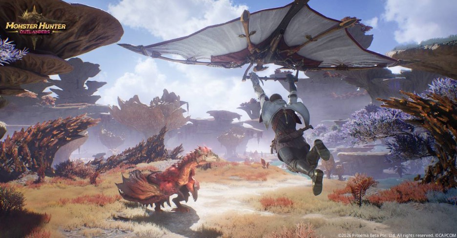Monster Hunter Outlanders pre-registro Latinoamérica — cazador enfrentando un monstruo colosal en entorno selvático