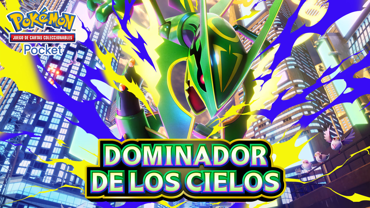 Dominador de los Cielos Pokémon Pocket fecha lanzamiento — Mega Rayquaza ex en arte oficial de la expansión