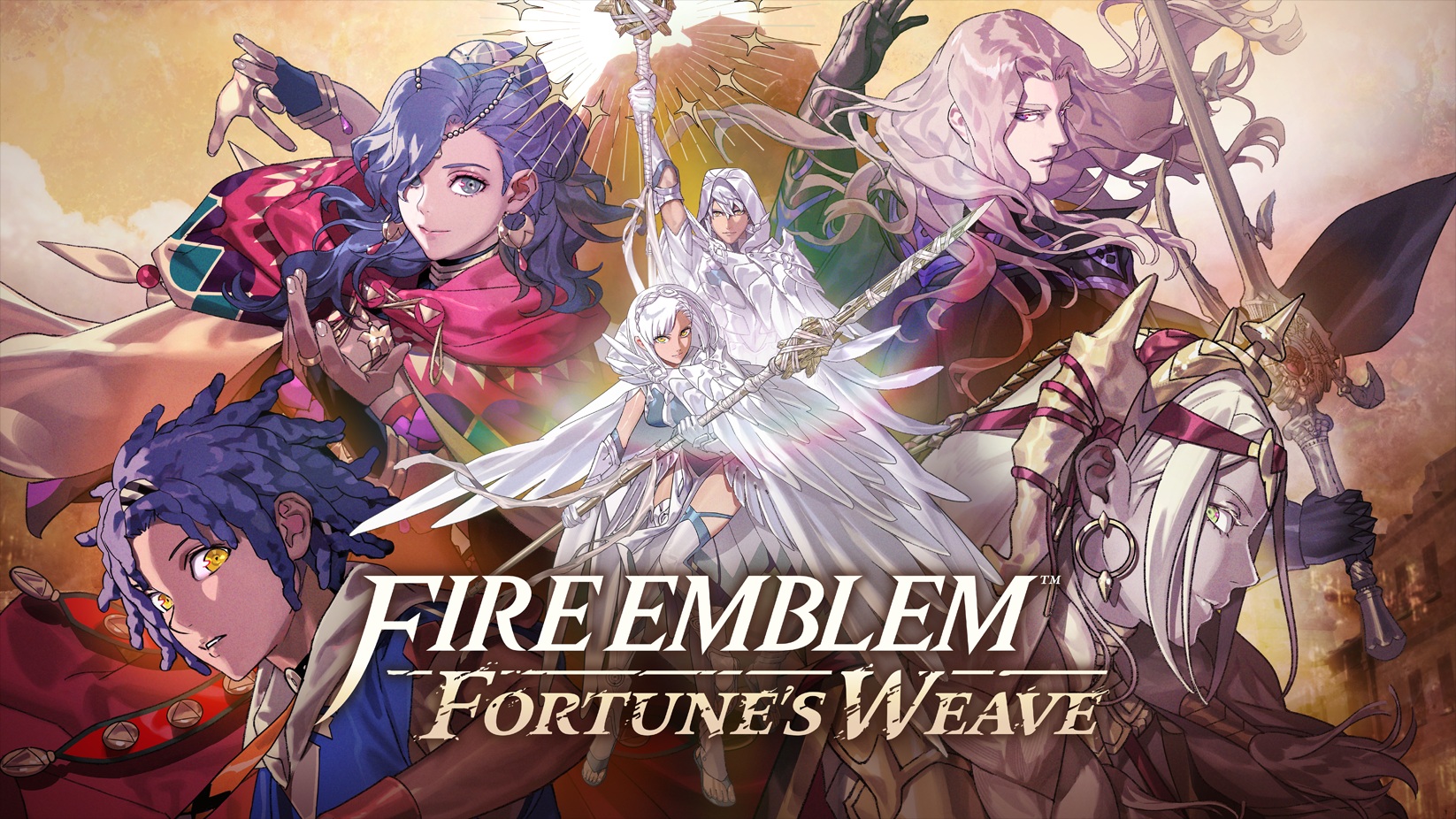 Fire Emblem Fortune's Weave Nintendo Switch 2 — arte oficial con los cuatro héroes y la diosa Fortuna